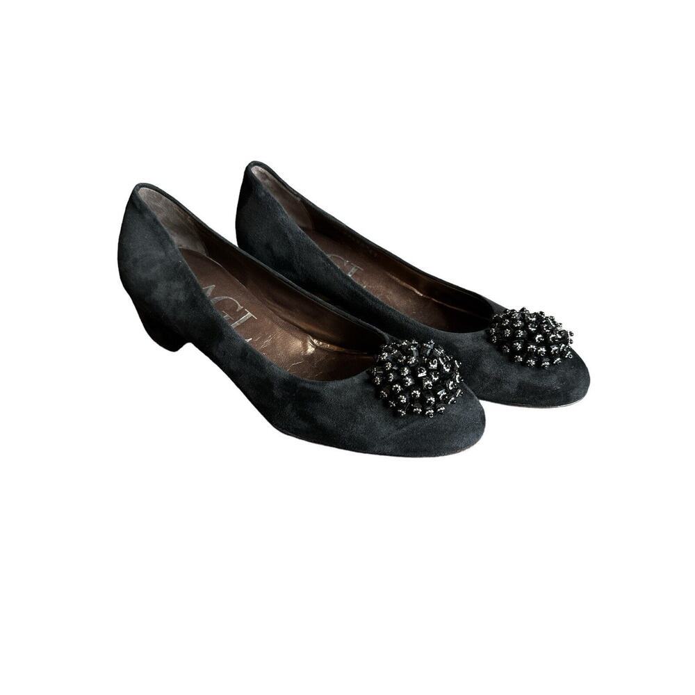 AGL Black Suede Beaded Formal Block Round Toe Pump Heel 41/9.5